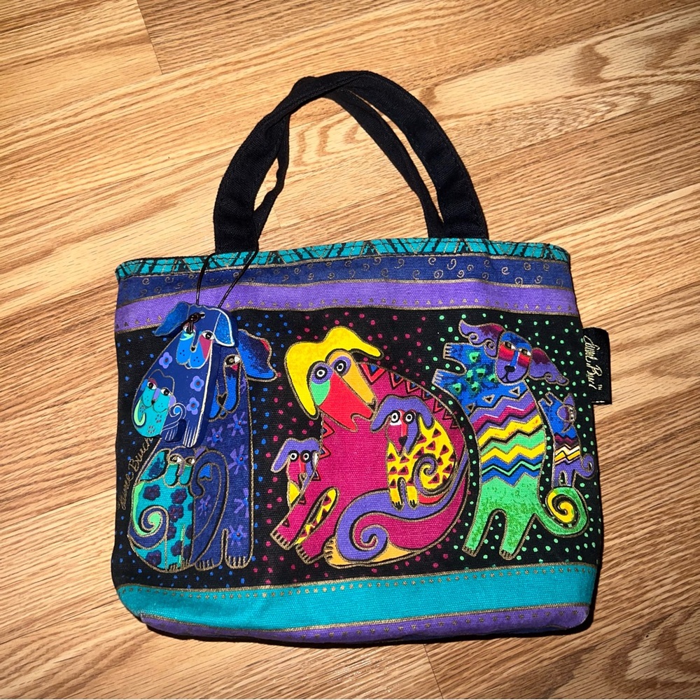 Laurel Burch printed Canvas Plastic Lined Puppies Black Bag - Picture 1 of 10